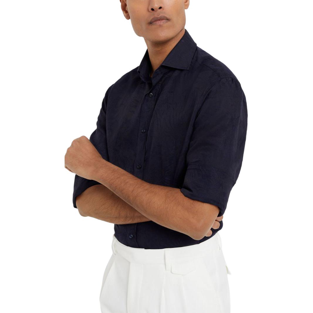 Purchase Brunello Cucinelli Kemeja Lengan Panjang Jacquard Pola Biru Tua SS24. MM6631718P-C180