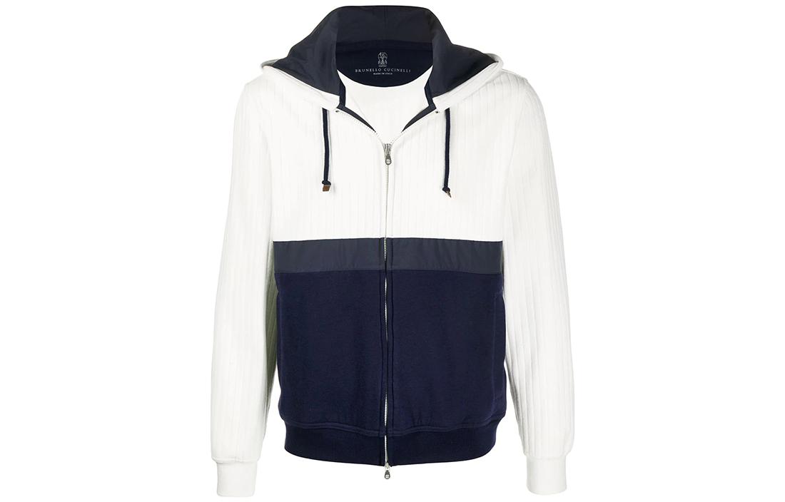 Brunello Cucinelli  Navy Blue Color Block Zip Hoodie with Drawstring M0T473296G-CY477