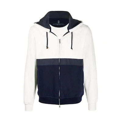 Brunello Cucinelli Navy Blue Color Block Zip Hoodie with Drawstring M0T473296G-CY477