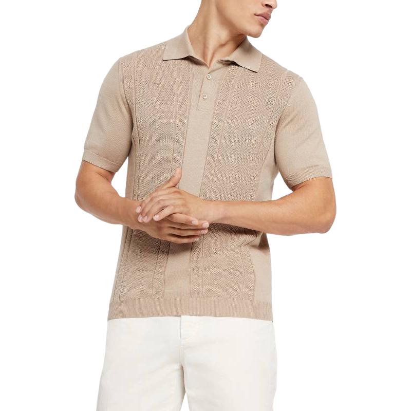 Shop Brunello Cucinelli 純棉針織短袖Polo衫 卡其色 M29202405C9709