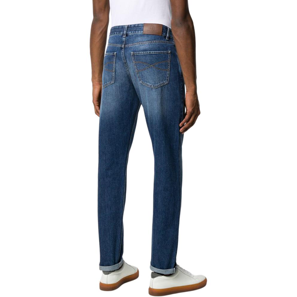 Shop Brunello Cucinelli 修身直筒藍色牛仔褲配拉鍊口袋 ME228D2220-C1471