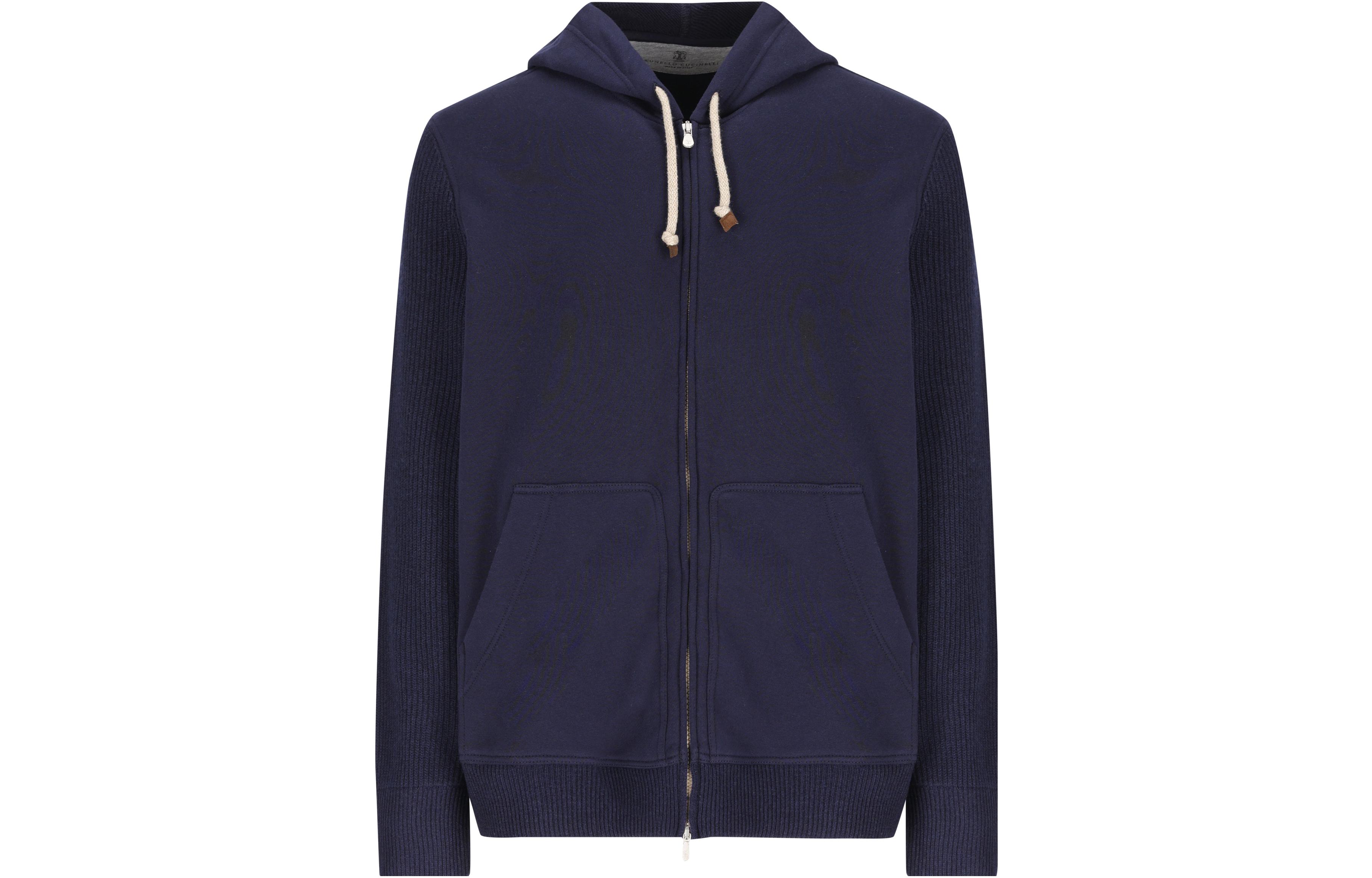 Brunello Cucinelli  Solid Blue Knit Hoodie with Zip-Up Long Sleeves MTU239052G-CZO39