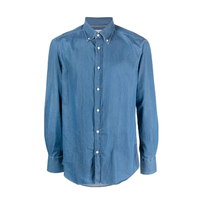 Brunello Cucinelli Solid Single-Breasted Long Sleeve Shirt Blue MR6831716-C001