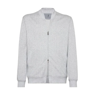 Brunello Cucinelli Striped Knit Bomber Jacket in Light Gray MM8339072G-C700
