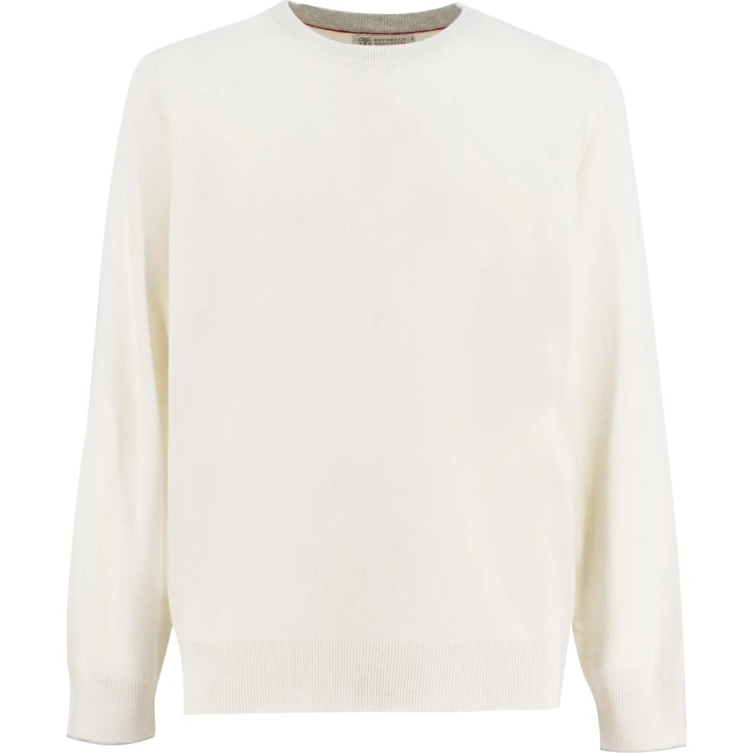 Brunello Cucinelli  White Cashmere Crewneck Pullover Sweater. M2200100CO312