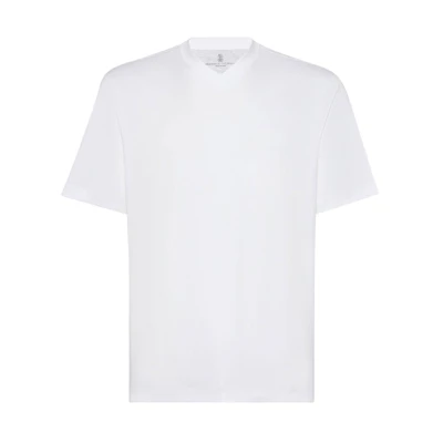 Brunello Cucinelli White Solid V-Neck Casual Short Sleeve T-Shirt. M0B131344-C6159