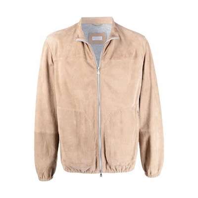 Brunello Cucinelli Brown Solid Zip-Up Bomber Jacket MPCLL1855-CRU38