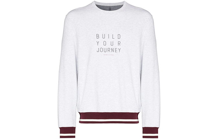 Brunello Cucinelli FW21 Embroidered Slogan Striped Trim Pullover Sweatshirt Grey M0T359220G-CDQ39