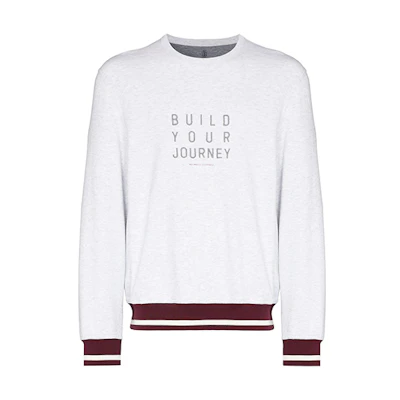 Brunello Cucinelli FW21 Embroidered Slogan Striped Trim Pullover Sweatshirt Grey M0T359220G-CDQ39