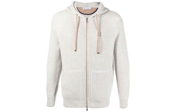 Brunello Cucinelli FW22 Beige Knit Hoodie with Zipper and Drawstring M22704806G-CO613