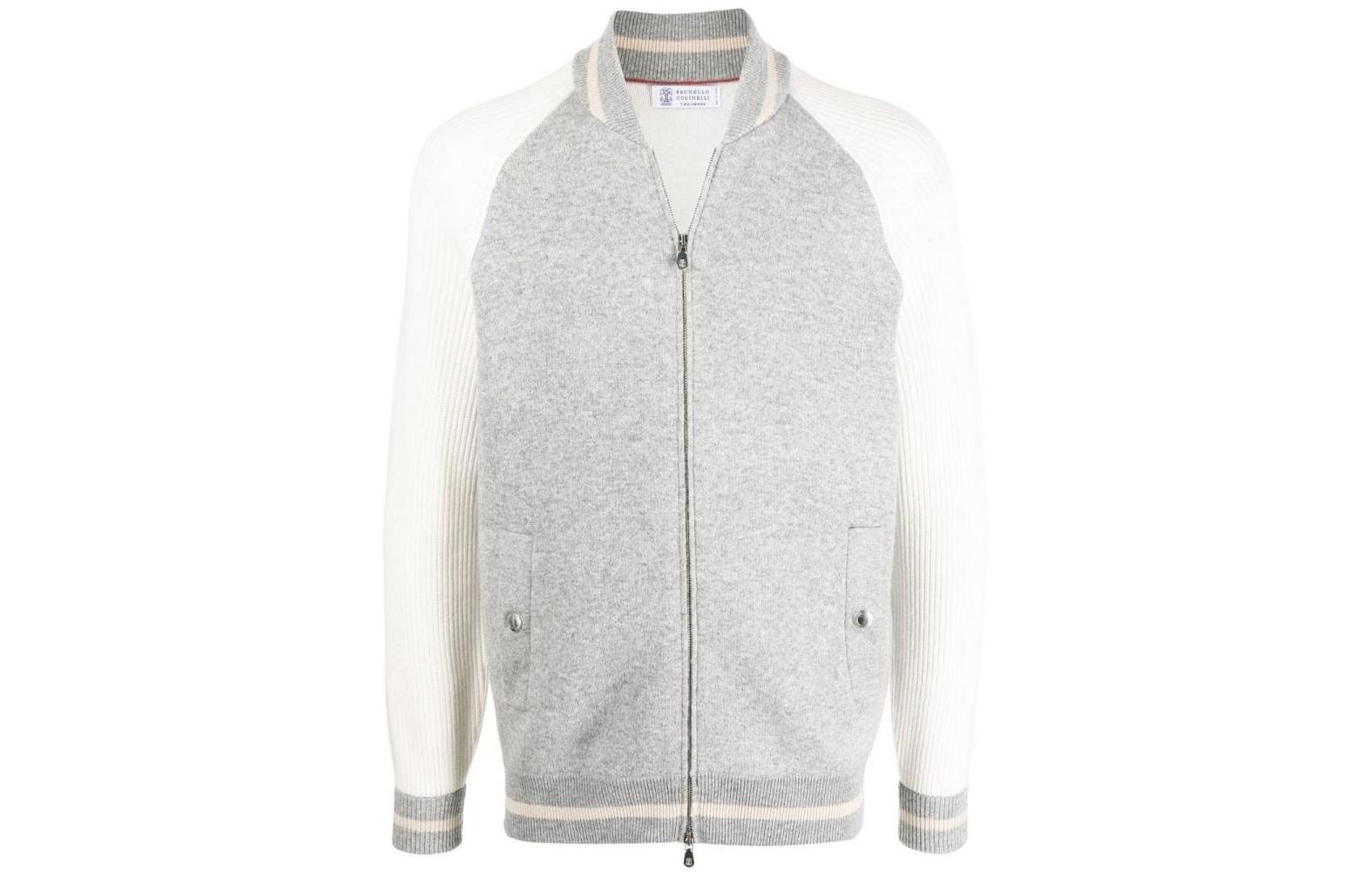 Brunello Cucinelli FW22 Color Block Knit Aviator Jacket Grey M3610841-CXR22