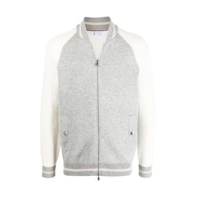 Brunello Cucinelli FW22 Color Block Knit Aviator Jacket Grey M3610841-CXR22