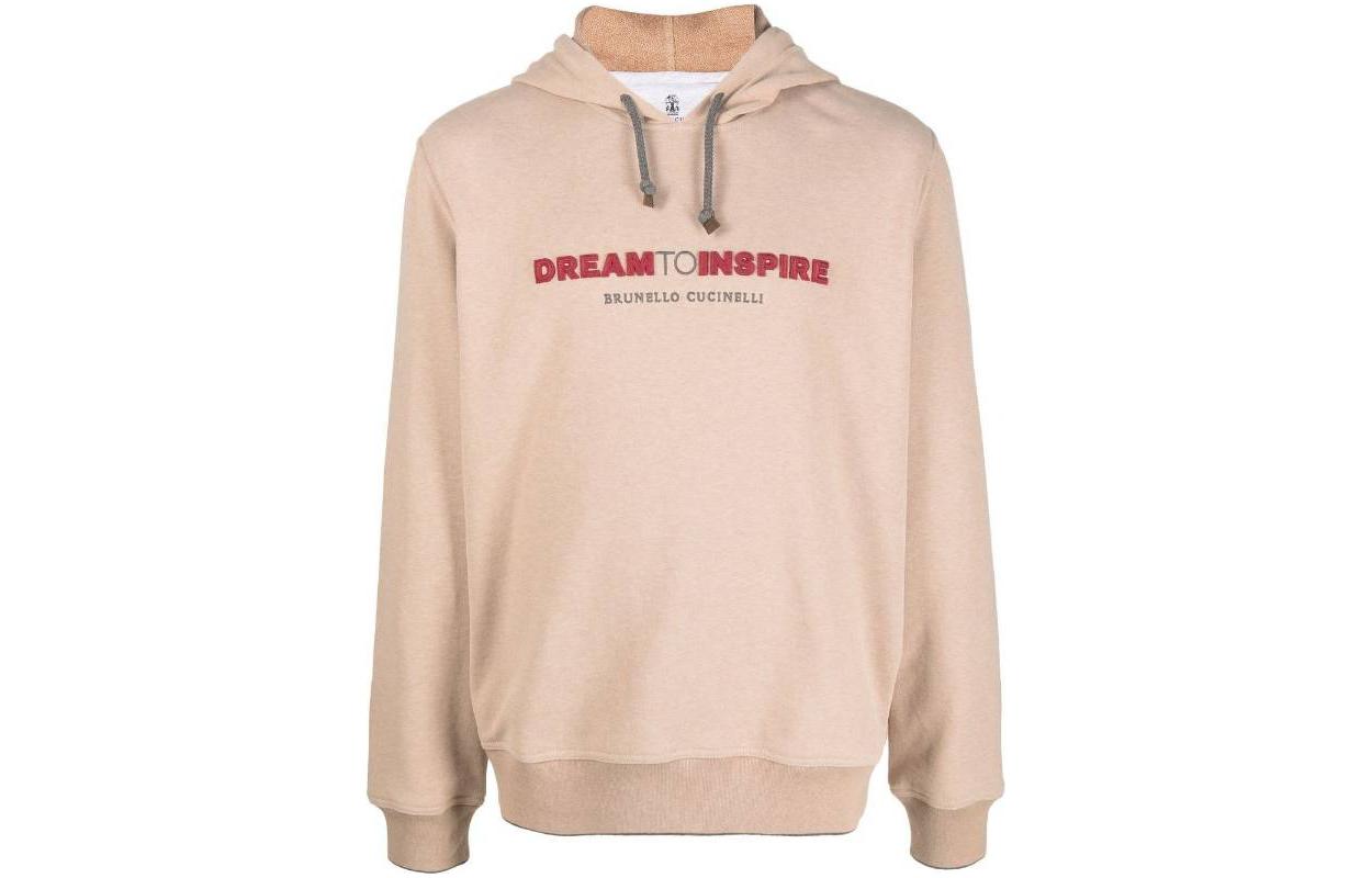 Brunello Cucinelli FW22 Embroidered Slogan Hoodie Khaki Long Sleeve MTU143119GCB575