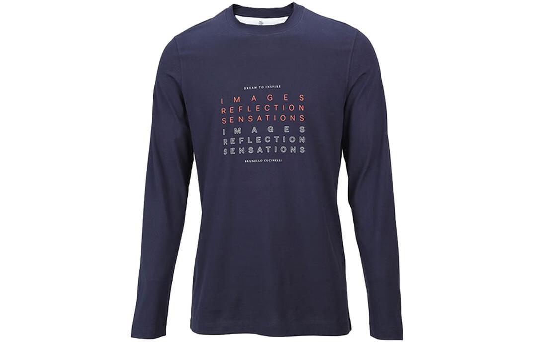 Brunello Cucinelli FW22 Men’s Navy Crewneck Long Sleeve T-Shirt with Logo Print M0T618730-CJM32