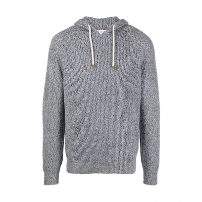 Brunello Cucinelli FW22 Navy Knit Hoodie Mixed Ribbed Drawstring Sweater. M3674109-CWX67