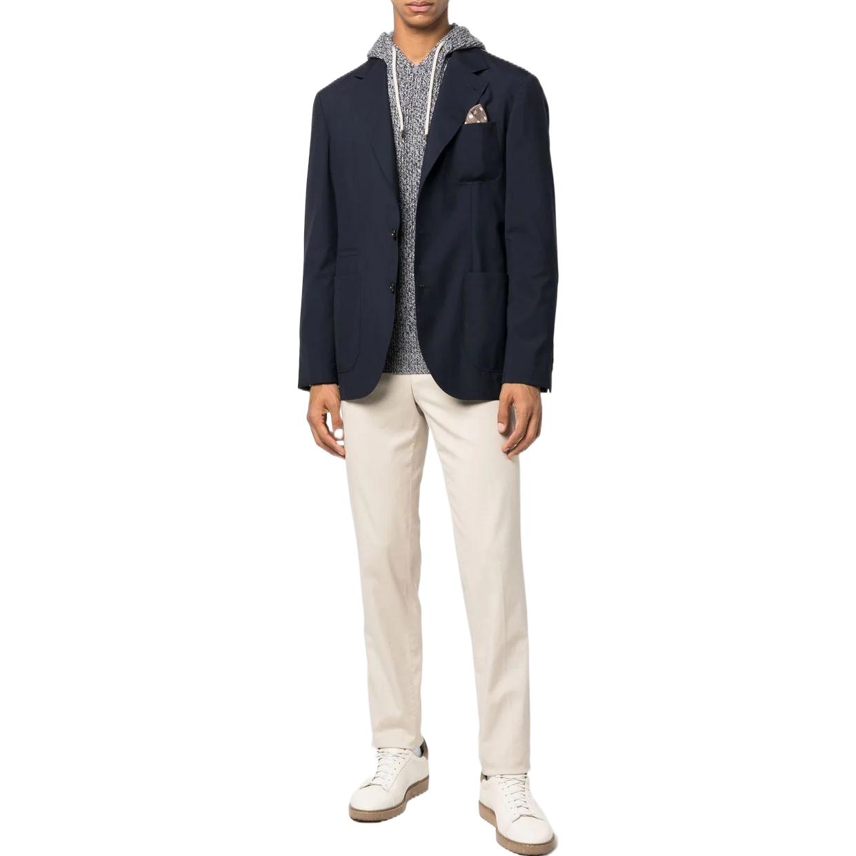 Lookbook ブルネロ クチネリ FW22 ネイビー ニット フーディー リブ ドローストリング セーター M3674109-CWX67