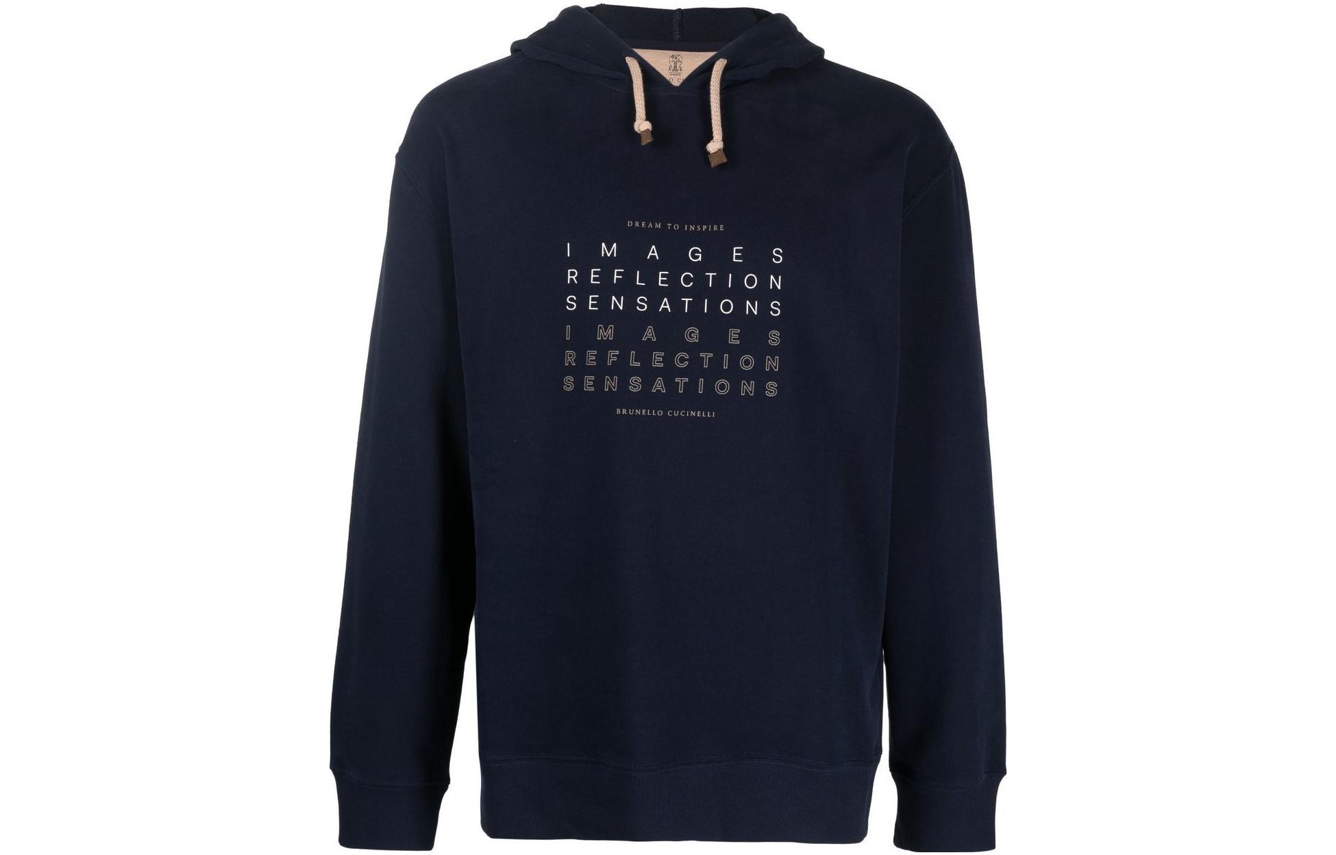 Brunello Cucinelli FW22 Slogan Print Navy Hooded Pullover Sweatshirt MTU143409-CTL02