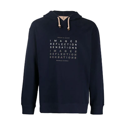 Brunello Cucinelli FW22 Slogan Print Navy Hooded Pullover Sweatshirt MTU143409-CTL02