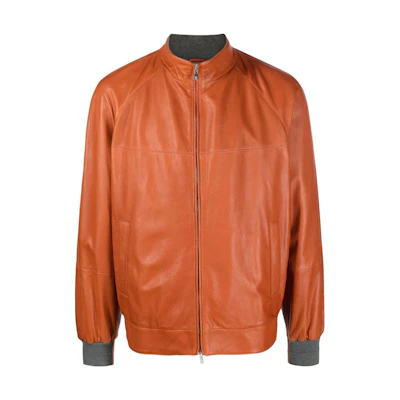 Brunello Cucinelli FW22 Solid Color Leather Zip Jacket Men’s Carrot Orange MPMUP1693-CNP66