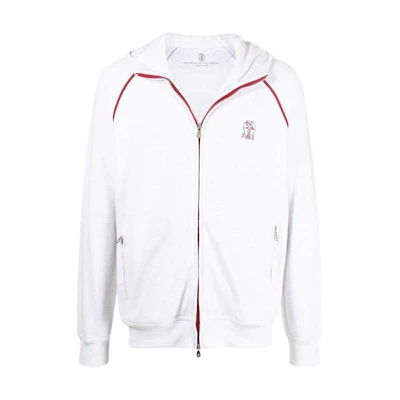 Brunello Cucinelli FW22 White Hoodie with Embroidered Logo and Zipper MTU143109G-CEG69