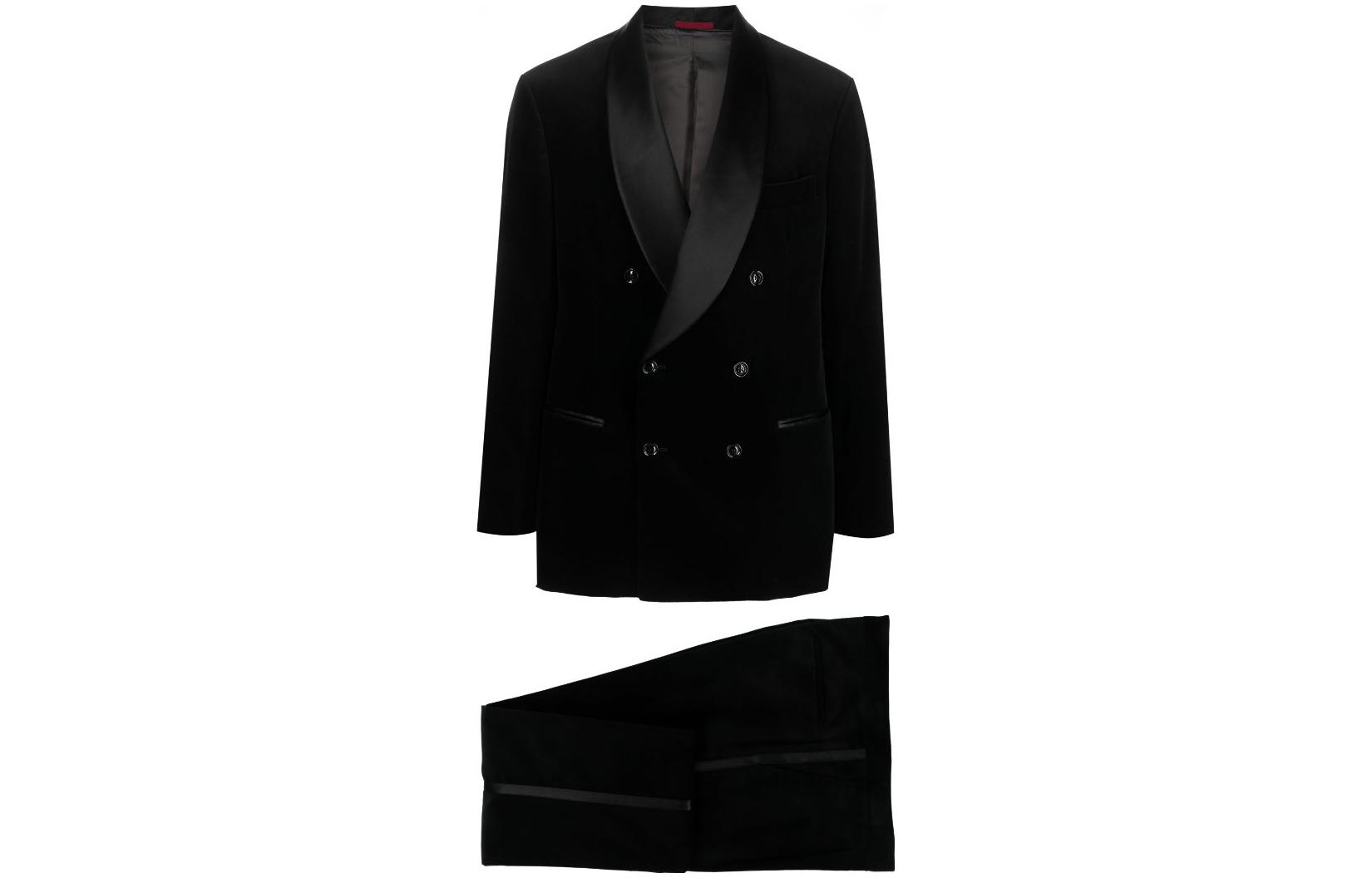 Brunello Cucinelli FW23  Black Velvet Double-Breasted Suit. ML479AS35-CI881