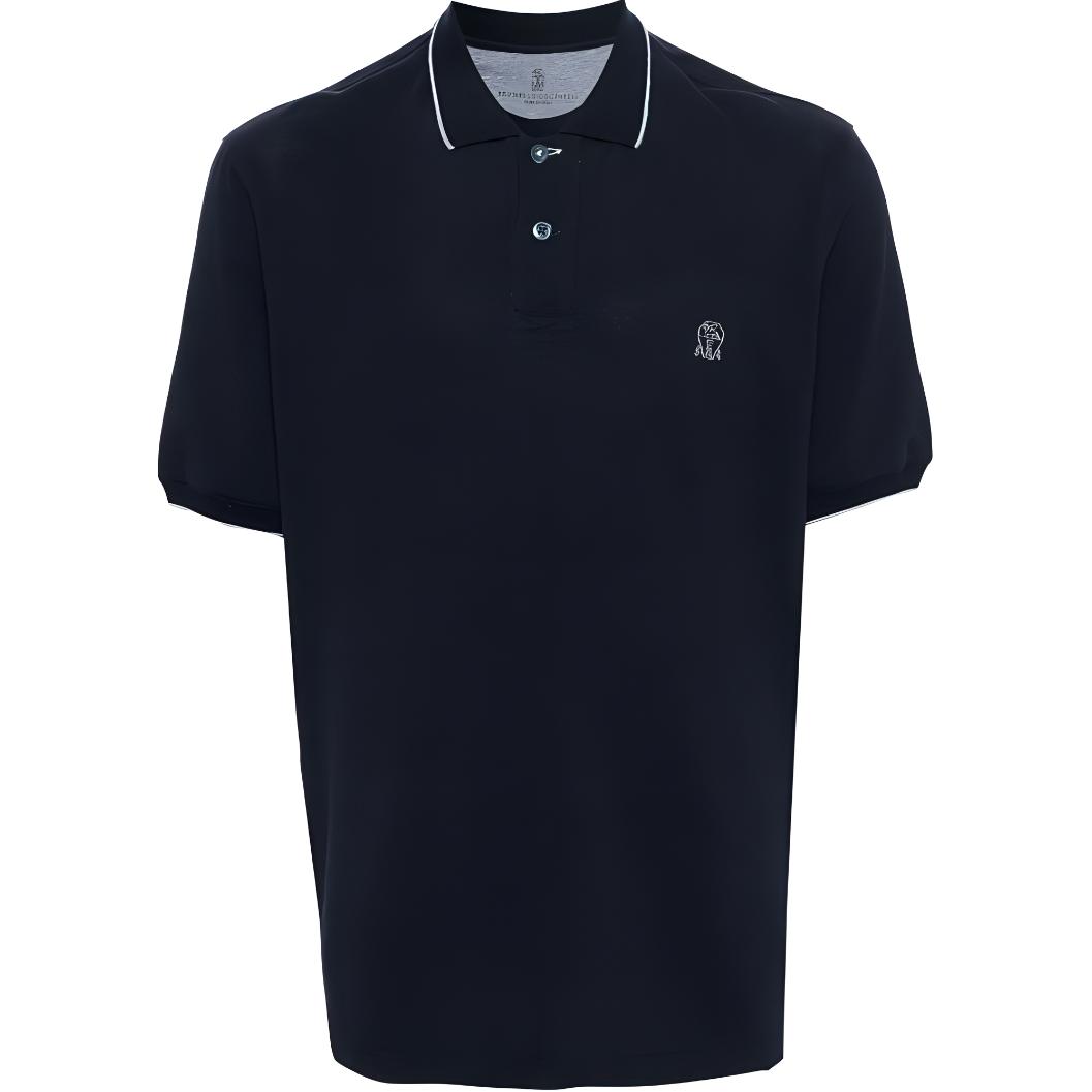 Brunello Cucinelli FW23  Blue Logo Embroidered Striped Collar Polo Shirt ME8549779G-CK781