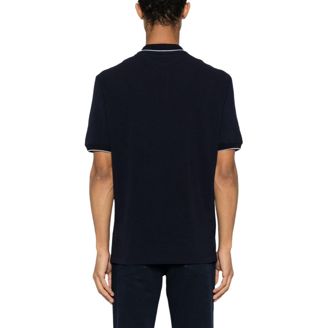 Shop Brunello Cucinelli FW23 藍色刺繡Logo條紋領POLO衫 ME8549779G-CK781