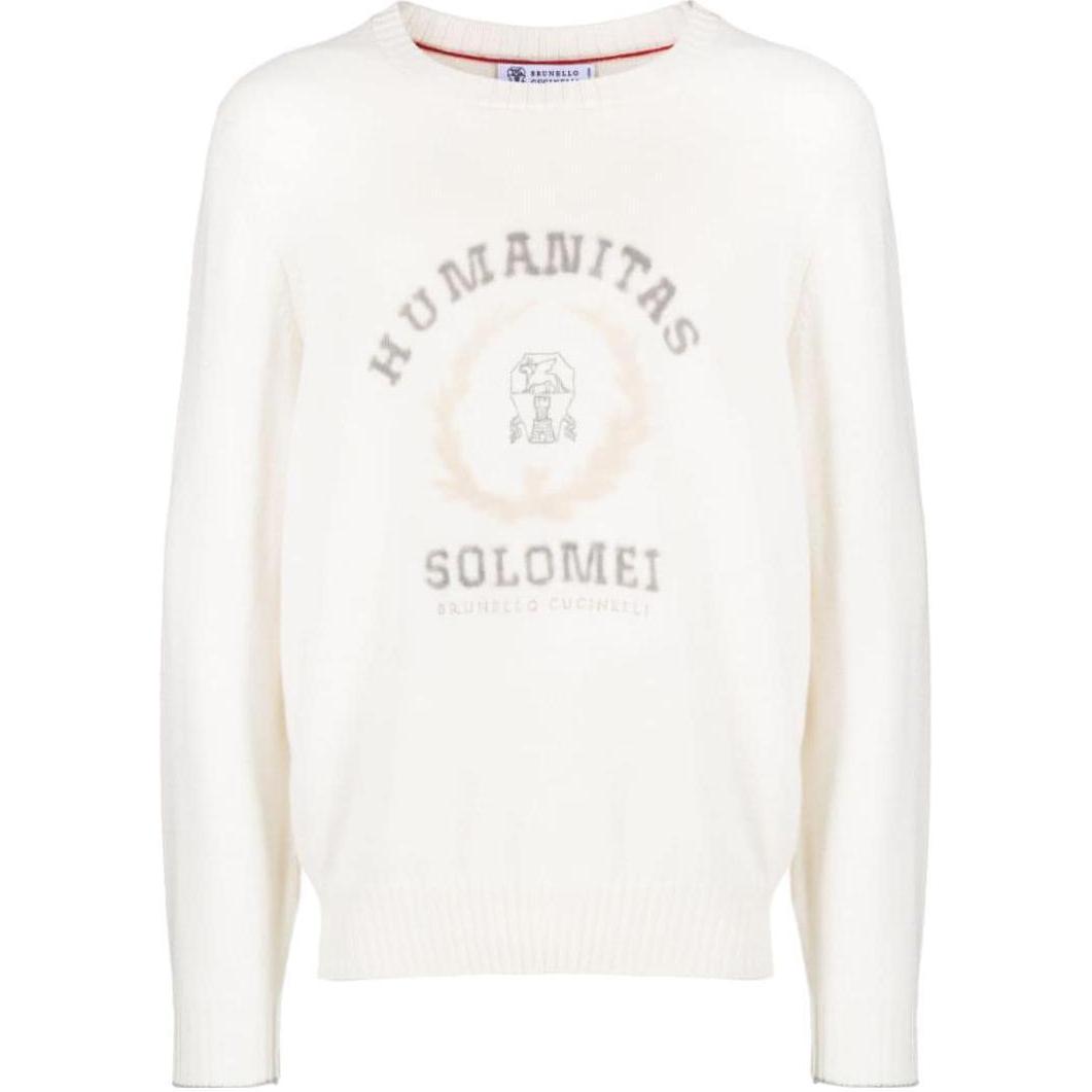 Brunello Cucinelli FW23  Cream Cashmere Crewneck Sweater with Logo Embroidery. M22707300-CWI20