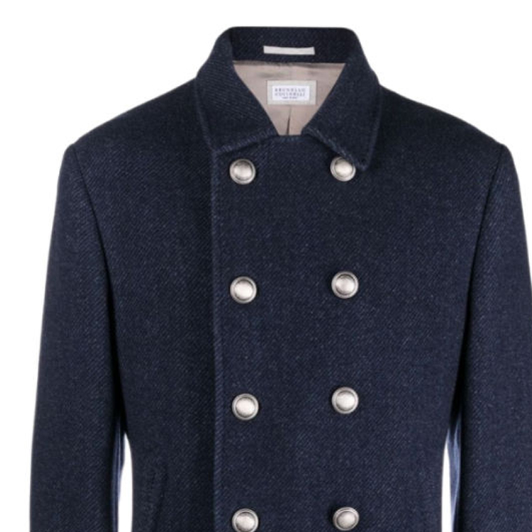 Lookbook Brunello Cucinelli FW23 Mantel Kasual Double-Breasted Biru. MY4407008D-C007