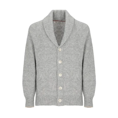 Brunello Cucinelli FW23 Grey Solid Knit Long-Sleeve Cardigan. MLP504006-CIY61
