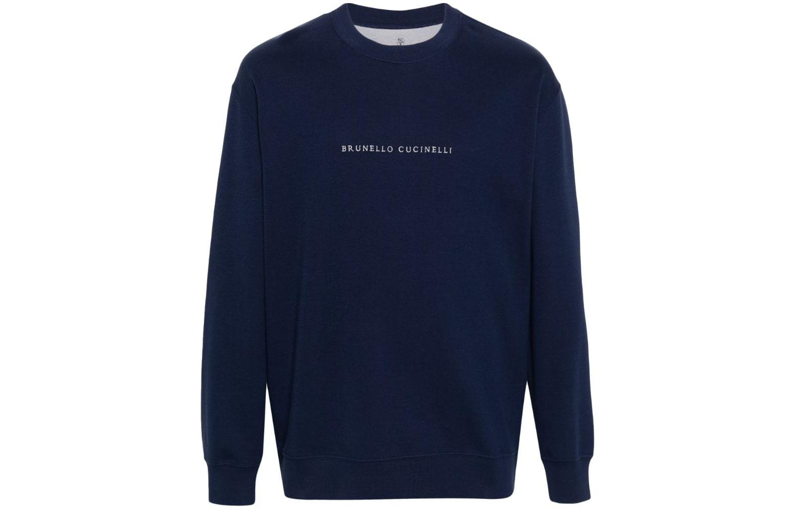 Brunello Cucinelli FW23 Navy Blue Logo Embroidered Crewneck Sweatshirt Mens Casual M0T353434-CJA59