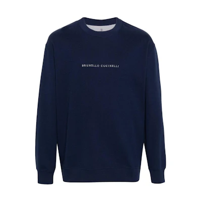 Brunello Cucinelli FW23 Navy Blue Logo Embroidered Crewneck Sweatshirt Mens Casual M0T353434-CJA59