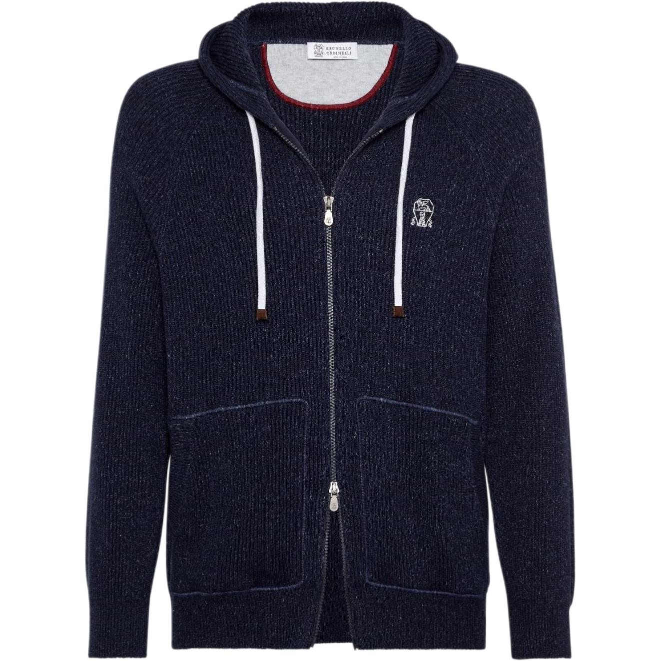Brunello Cucinelli FW23 Navy Knit Hoodie Jacket with Embroidered Logo - MCH707406G-CHS60