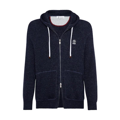Brunello Cucinelli FW23 Navy Knit Hoodie Jacket with Embroidered Logo - MCH707406G-CHS60