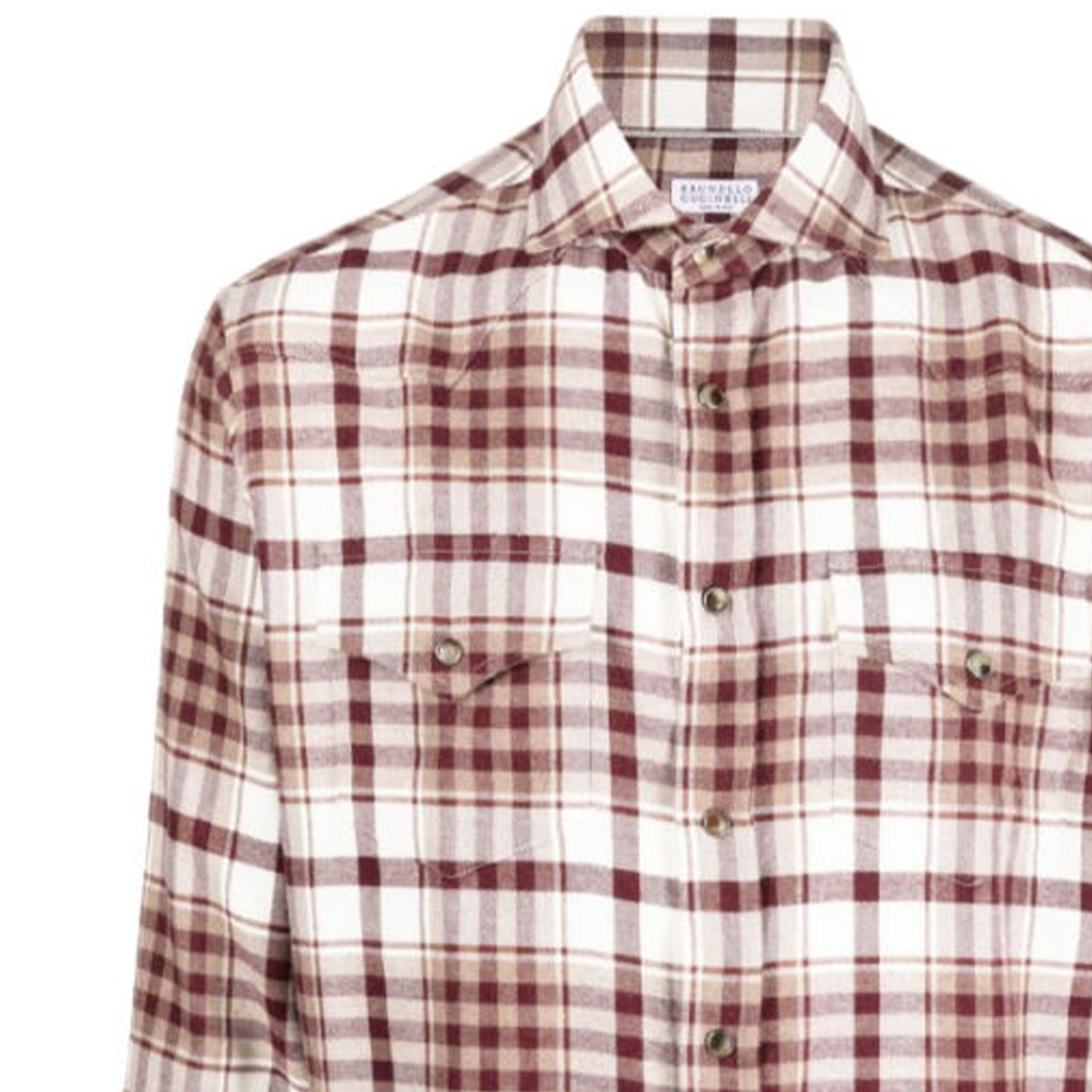 Shop Brunello Cucinelli 男士FW23多色格紋單排扣長袖襯衫 MY6164008-C001