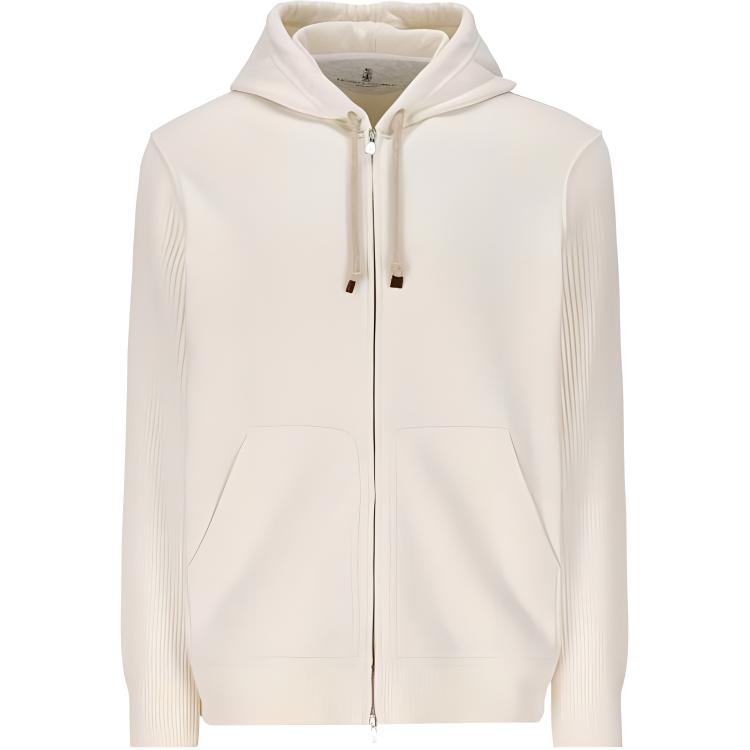 Brunello Cucinelli FW23 White Solid Drawstring Zip-Up Hoodie MTU239052G-C2723