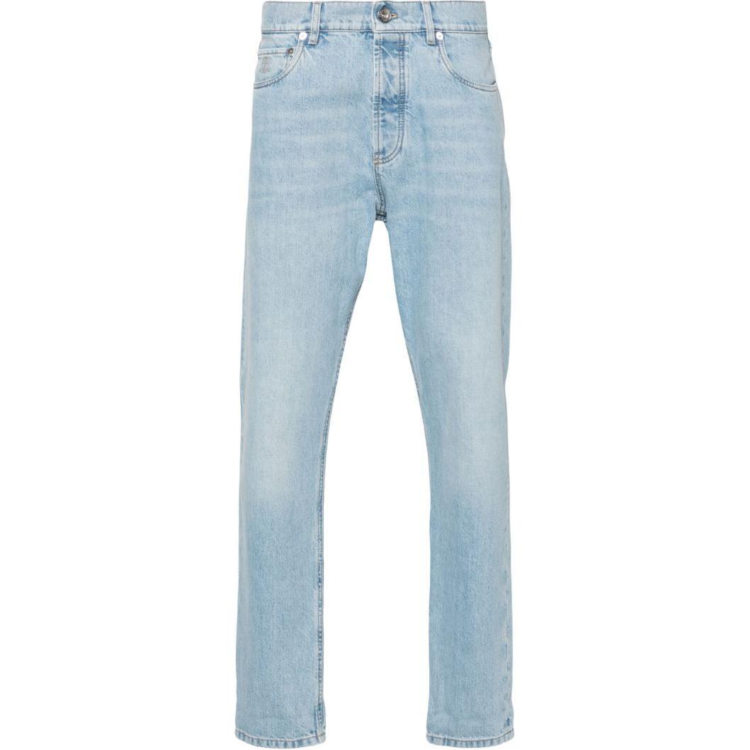 Brunello Cucinelli FW24 Washed Logo Patch Tapered Jeans Men Light Blue M241PO1090-C1469
