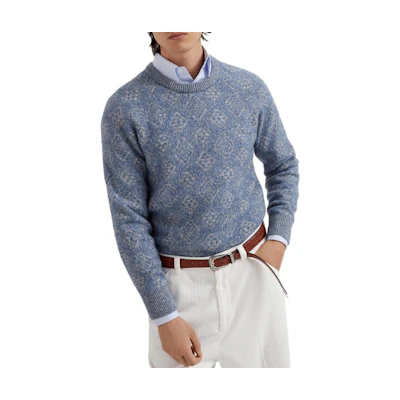 Brunello Cucinelli Geometric Jacquard Crewneck Knit Sweater Men SS24 Sky Blue MSO708500-CIA04