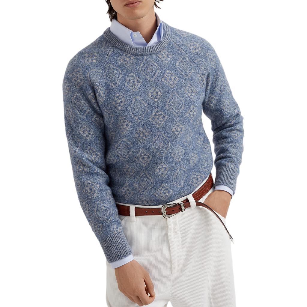 Order Brunello Cucinelli Geometric Jacquard Crewneck Knit Sweater Men SS24 Sky Blue MSO708500-CIA04