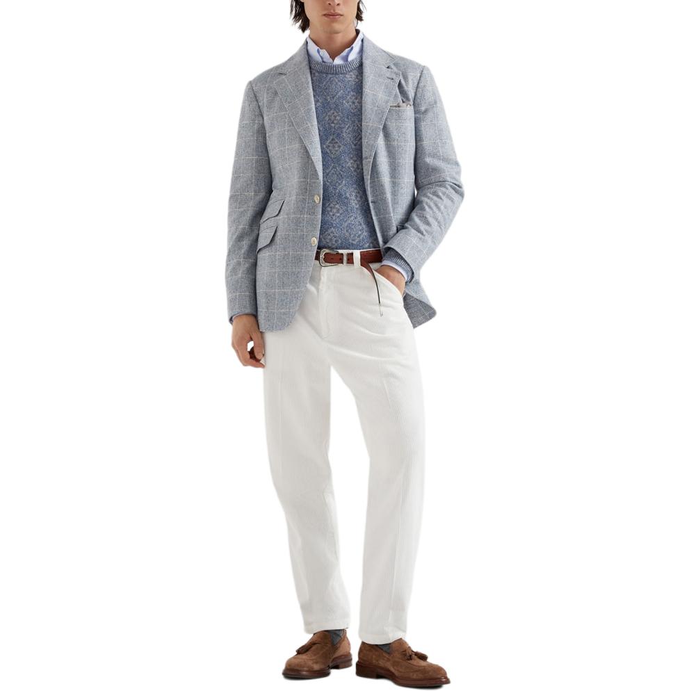 Shop Brunello Cucinelli Geometric Jacquard Crewneck Knit Sweater Men SS24 Sky Blue MSO708500-CIA04