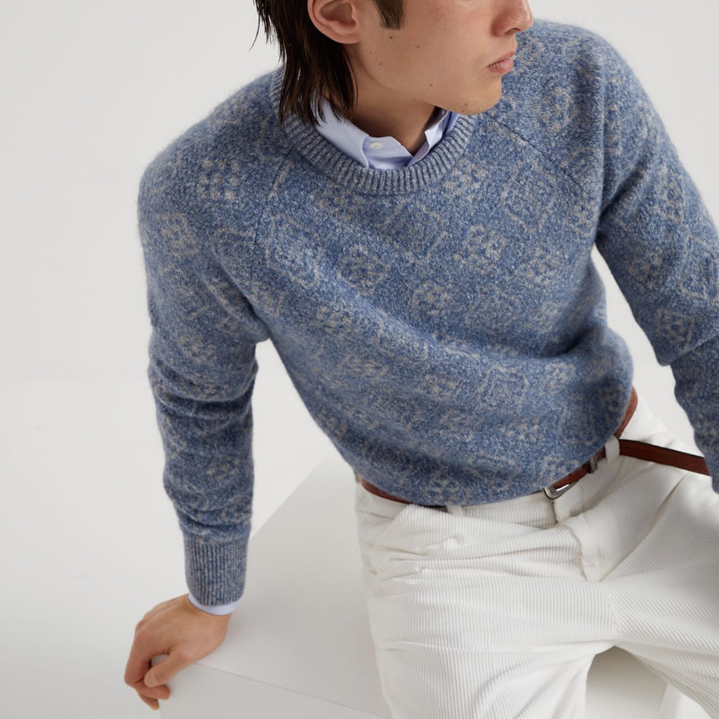 Purchase Brunello Cucinelli Geometric Jacquard Crewneck Knit Sweater Men SS24 Sky Blue MSO708500-CIA04