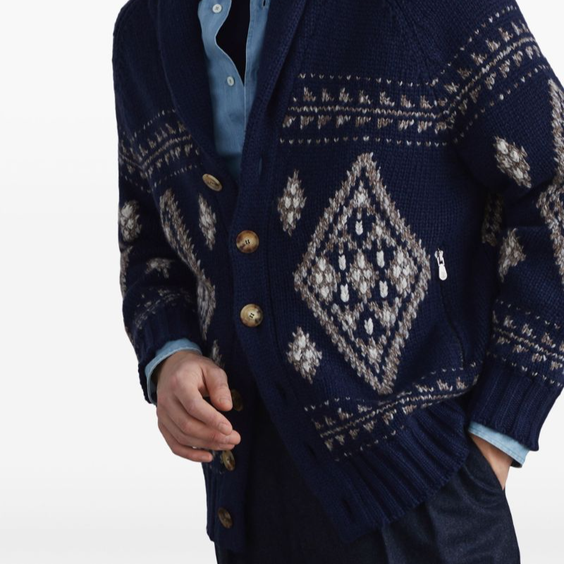 Brunello Cucinelli Geometric V-Neck Button Long Sleeve Cashmere Sweater Navy . MA2301416-CIE15 圖 5