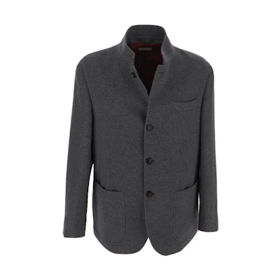 Brunello Cucinelli Gray Solid Single-Breasted Mandarin Collar Jacket MT4976265C202