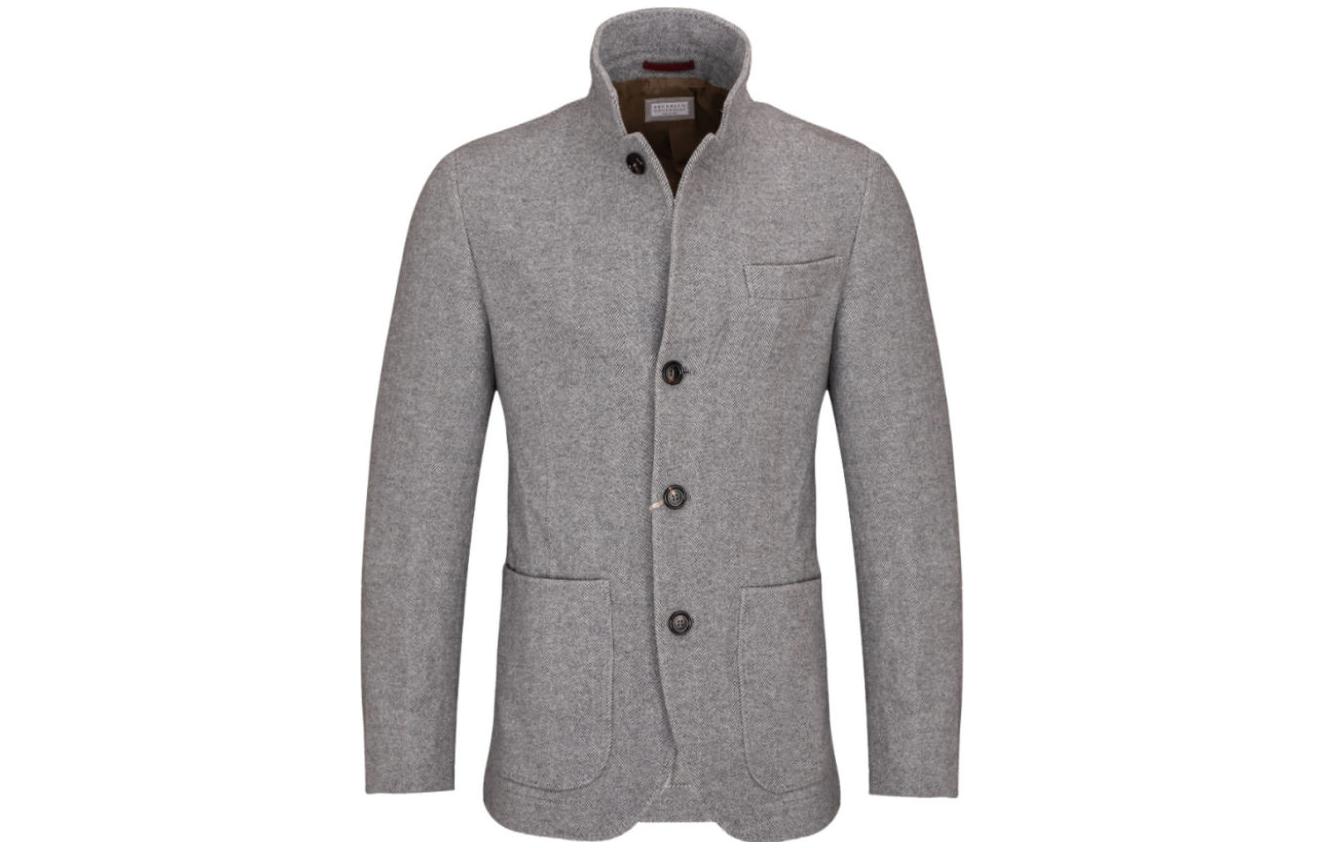 Brunello Cucinelli Gray Solid Stand Collar Button-Up Jacket MQ4496265-C6496