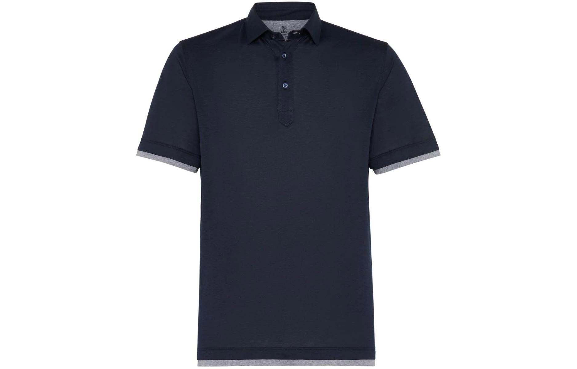 Brunello Cucinelli Navy Blue Layered Straight-Cut Short Sleeve  Polo Shirt MD8213966-CW893