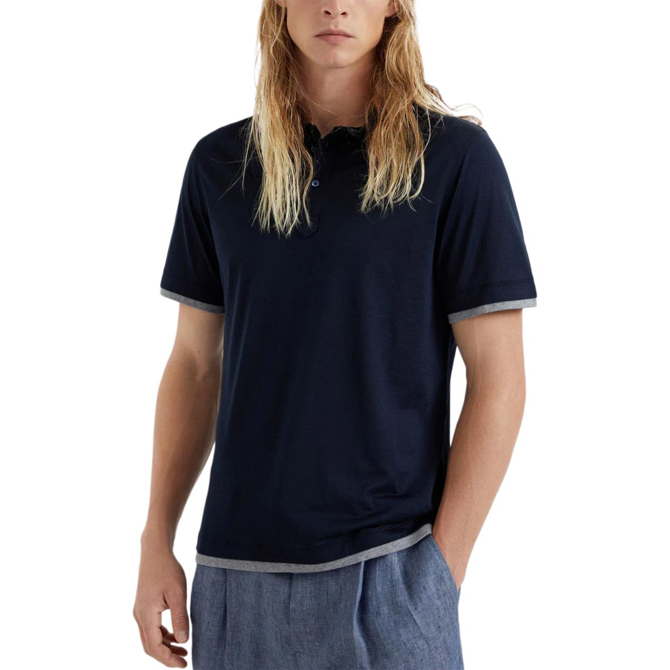 Shop 布鲁内洛·库奇内利深蓝色直筒短袖层叠款POLO衫 MD8213966-CW893