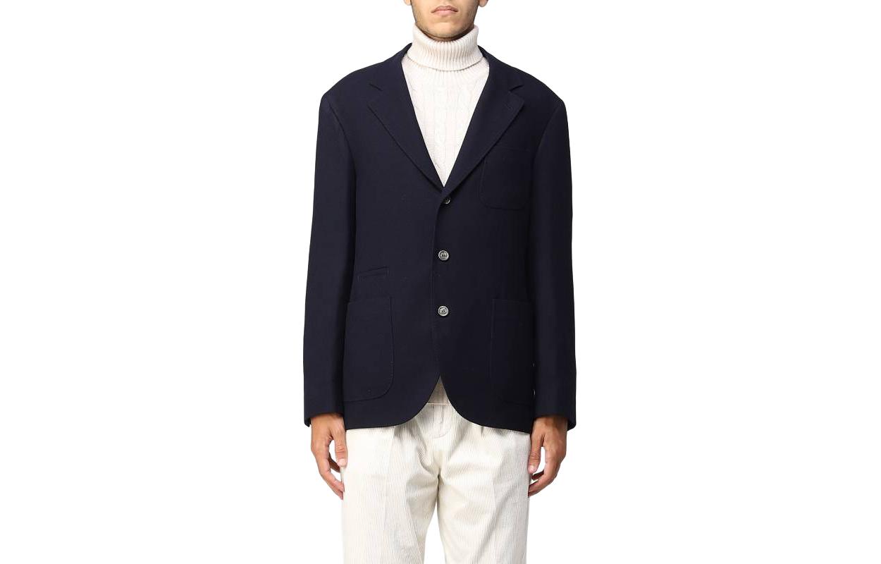 Brunello Cucinelli Navy Blue V-Neck Solid Single-Breasted Jacket MR4407BND-C003