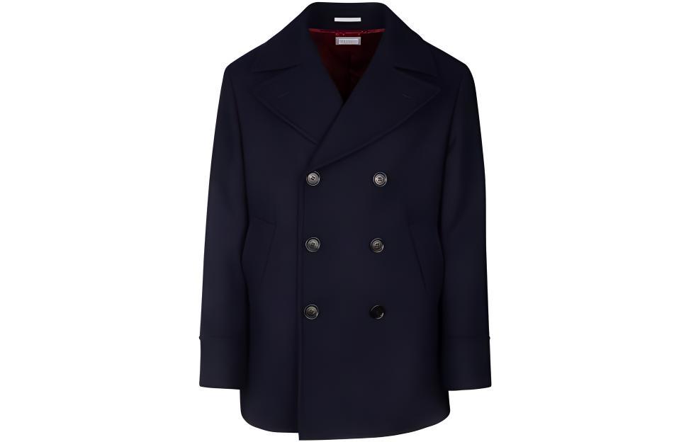 Brunello Cucinelli Navy Double-Breasted Long Coat with Wide Lapels. MY4287026C003