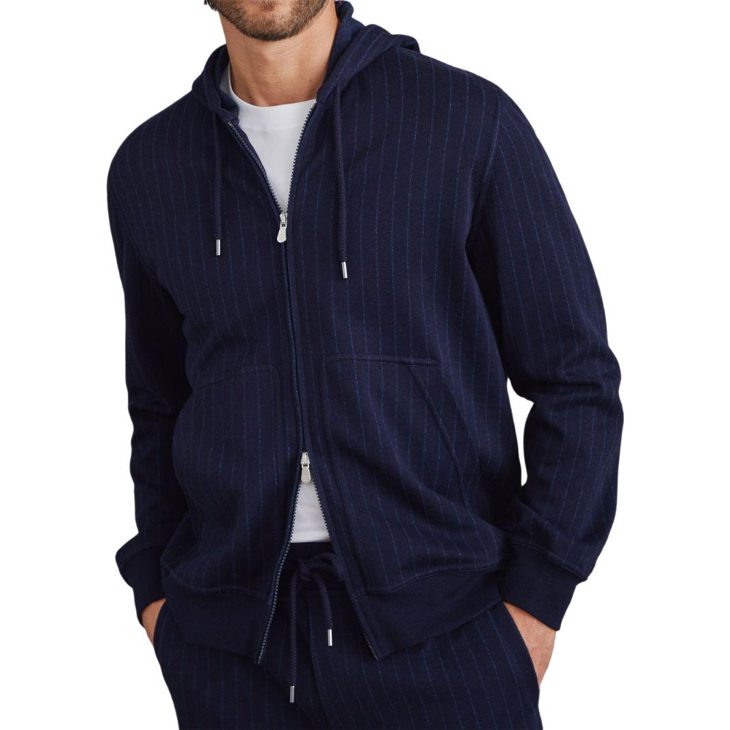 Shop 布内洛·库奇内利海军蓝条纹长袖拉链连帽衫 MM8339069G-C705