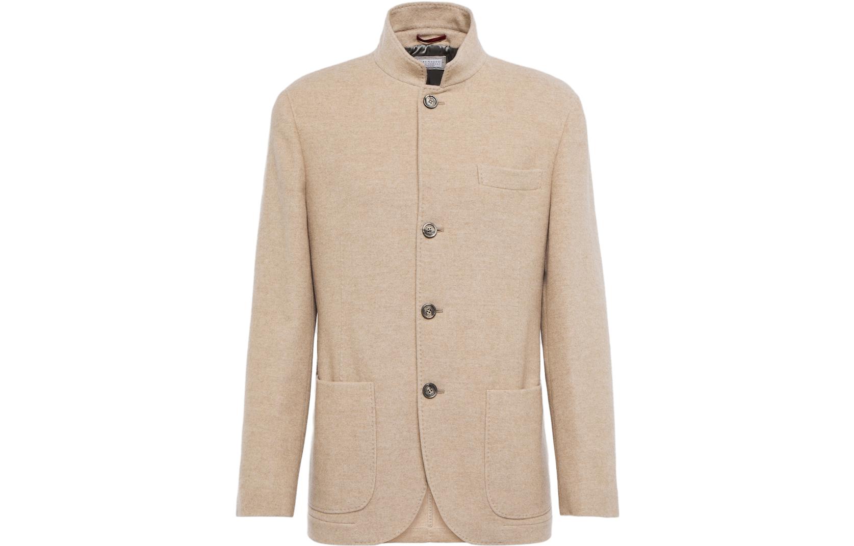 Brunello Cucinelli Single-Breasted Stand Collar Jacket in Khaki MT4976265-C195